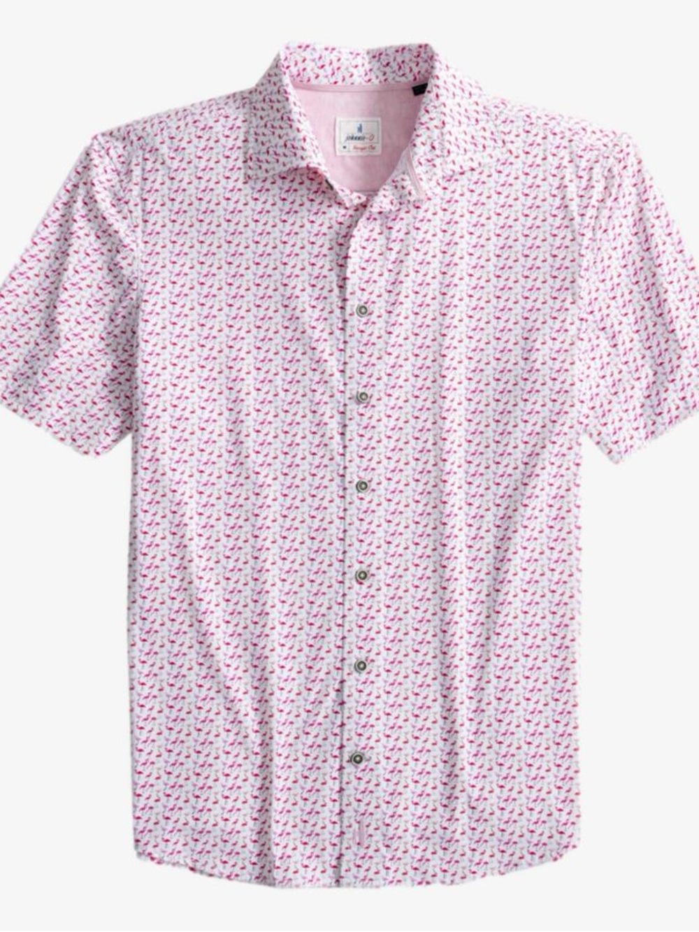 Johnnie-O Hangin Out White  Short-Sleeve Button-Down with Pink Flamingo Print